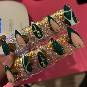 Medium stiletto press on nails green french tips gold rose white handmade custom